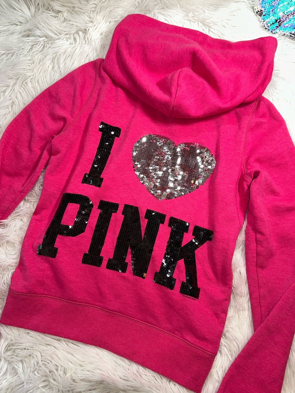 VS PINK • Old School 2010 Sequin Bling I Love Pink Hoodie